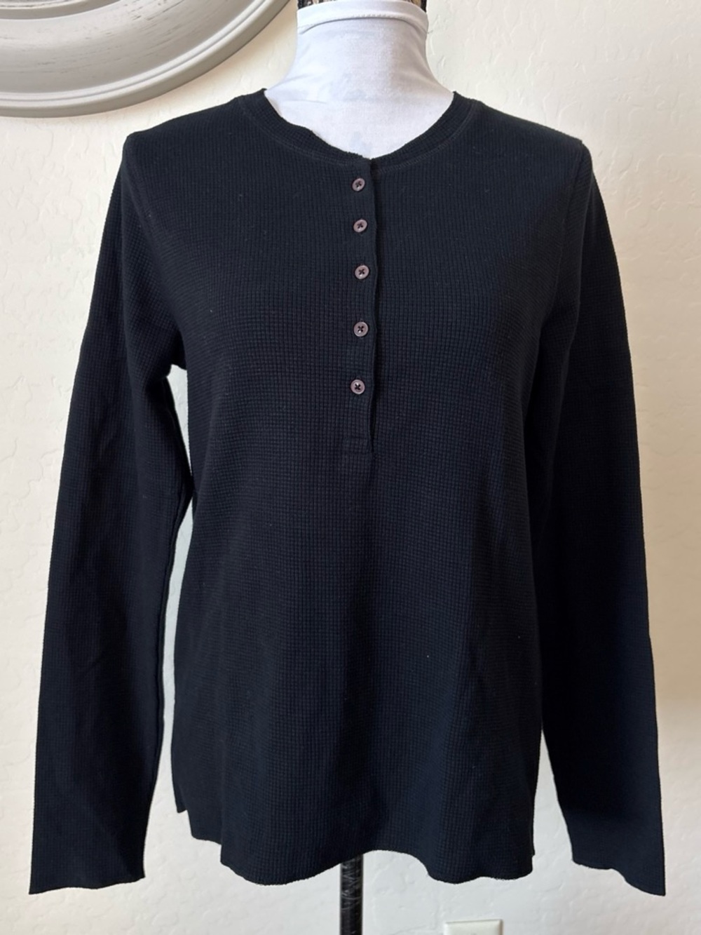 Pact Waffle Knit Long Sleeve Organic Cotton Henley Shirt black M